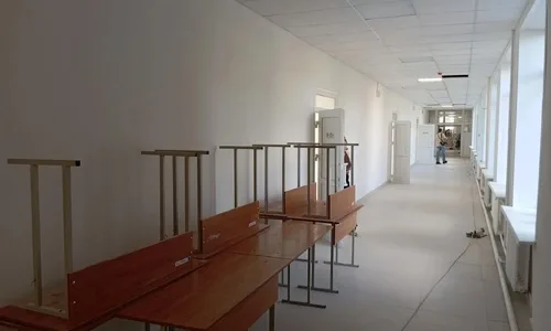 Рабочие на фоне обновленного фасада Золотухинской школы, занимающиеся последними штрихами ремонта.